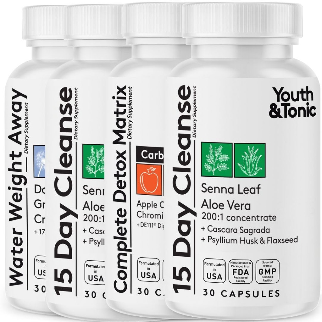 Detox Cleanse Kick Off Weight Management og Extra Colon Cleanser. 4pk for vanntap, Bloating, Flat mage, Puffiness w Apple Cider Vinegar, Senna Leaf, Glucomannan, Chromium, Probiotic 120 piller