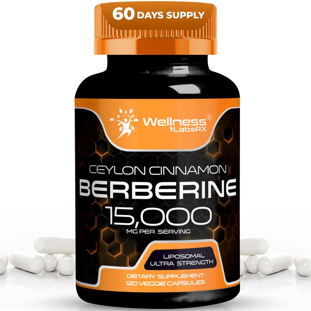 WELLNESS LABSRX Berberine Supplement 15.000mg - Berberine med Ceylon Cinnamon, samlet velvære støtte kapsler - 120 kapsler (pakke med 1)