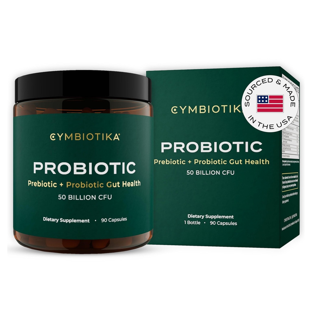 CYMBIOTIKA Probiotic + Prebiotic, 60 milliarder CFU - 19 Strains, Gut helsetilskudd for kvinner og menn, Immunstøtte, Digestiv Helse, & Gut Balance, 90 kapsler, 1 måneds forsyning, laget i USA