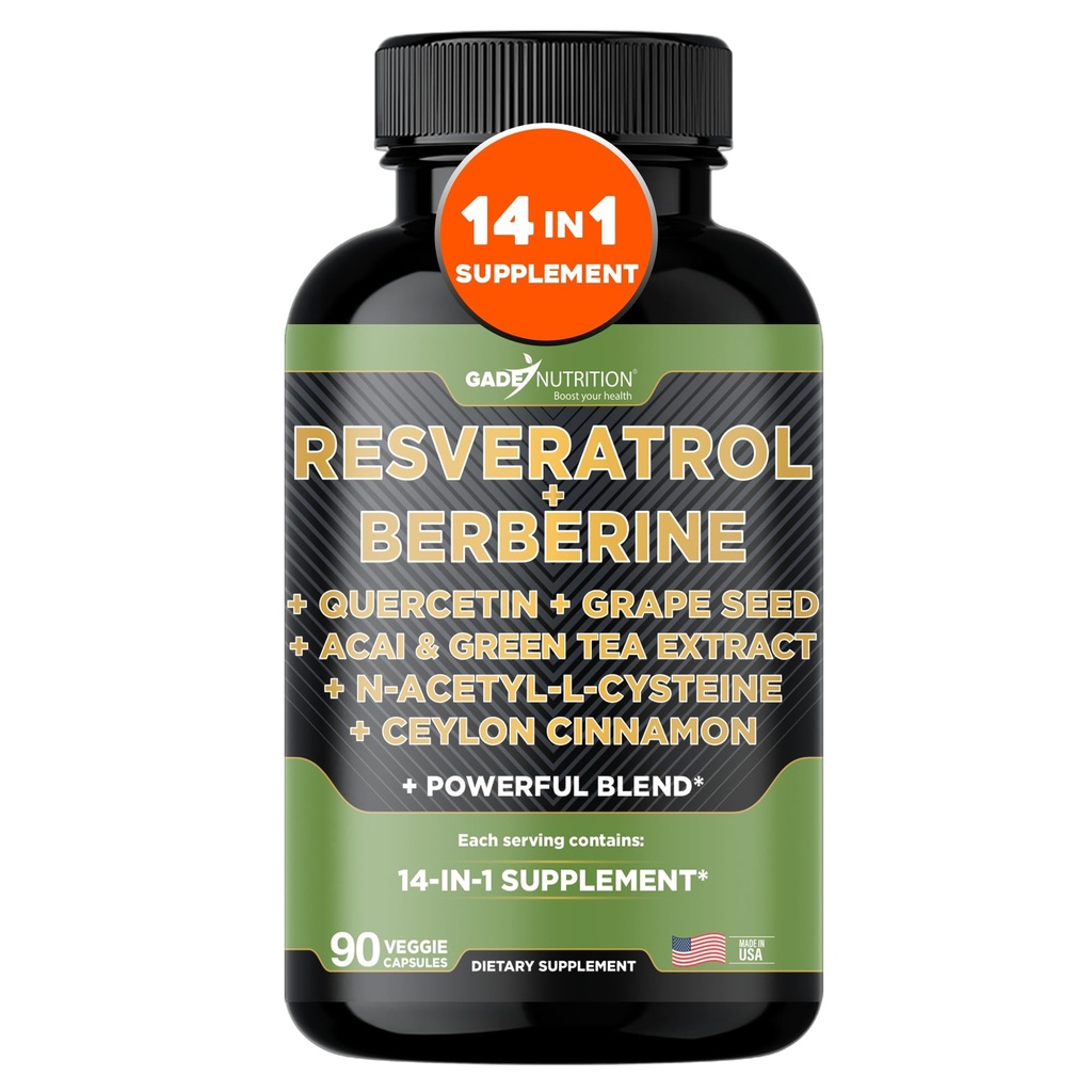 Gade Nutrition Resveratrol Berberine Quercetin Grape frø ekstrakt grønn te ekstrakt N-Acetyl Cysteine - 14 i 1 komplekst kosttilskudd for kvinner og menn med potent antioksidanter - laget i USA