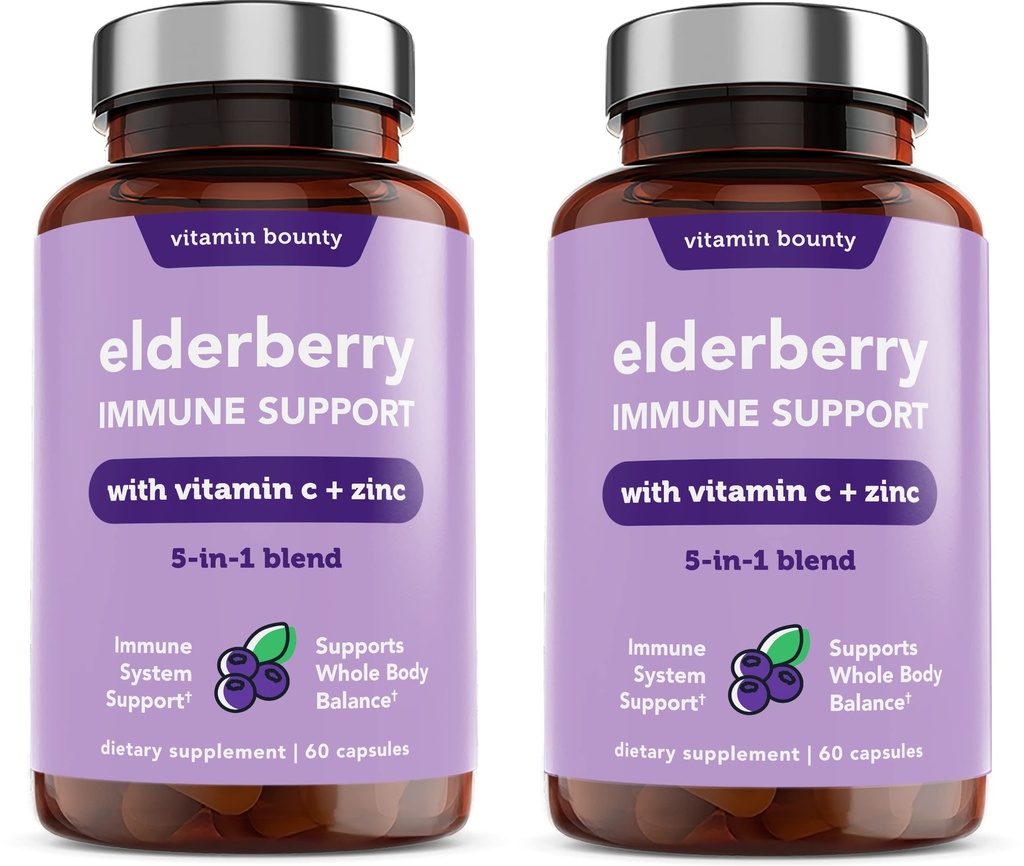 Vitamin Bounty Elderberry Immune Support - med sink, vitamin C & Echinacea, avansert 5-i-1 blanding, kraftig antioksidant, støtter hele kroppens balanse, ikke-GMO - 60 kapsler, 2 pakke