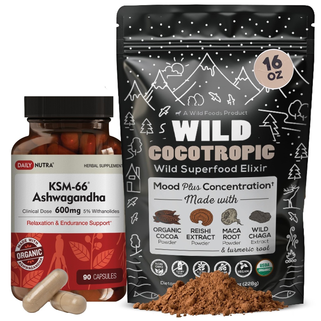 DailyNutra KSM 66 Ashwagandha (90 Kapsler) og Mushroom Cacao Mix (16oz) Bundle for avslapning og fokus