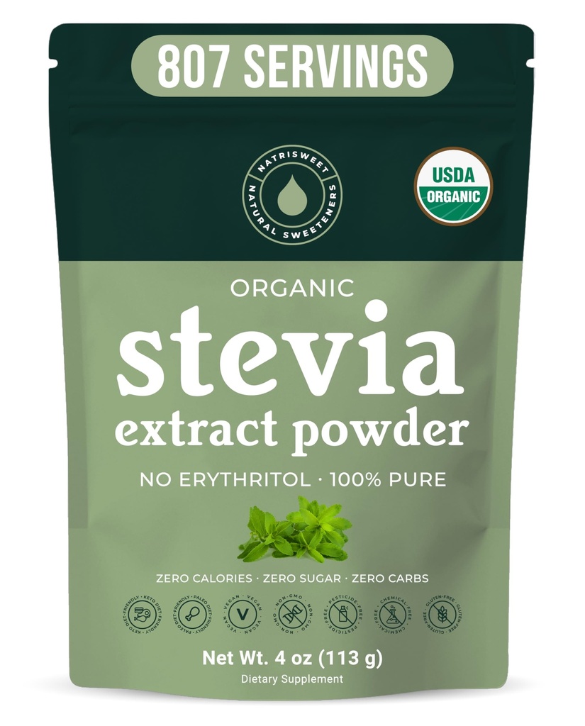 Økologisk 100% ren stevia pulver, 4 oz, tilfredsstiller søte krusninger, senker blodsukkernivåene for diabetikk, bulk pulverisert stevia ekstrakt søtningsmidler for bedre baking og drikke, 800+ serveringer av NatriSweet