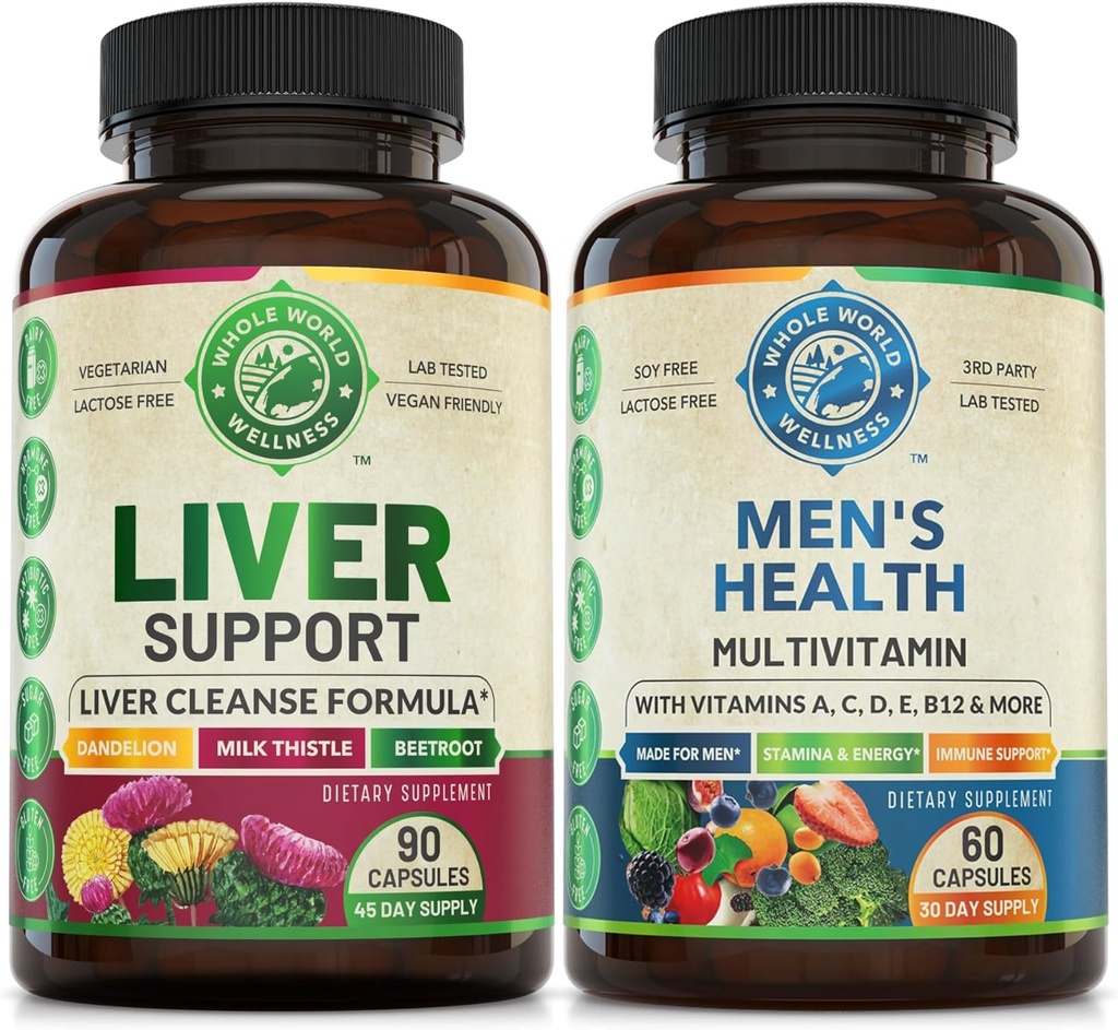 Liver Cleanse Detox Repair Formel & Mens Daglige Multivitaminer Bundle (En flaske hver). Kollektivt støtter Liver Health, Holistisk velvære, Økt energi, Stamina og ytelse. USA laget.