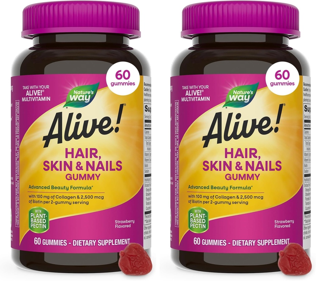 Naturens vei levende! Håret, huden og neglene Gummies, avansert skjønnhetsformula*, med Biotin og kollagen, Strawberry Flavored, 60 Gummies (pakke May Vary) (pakke med 2)