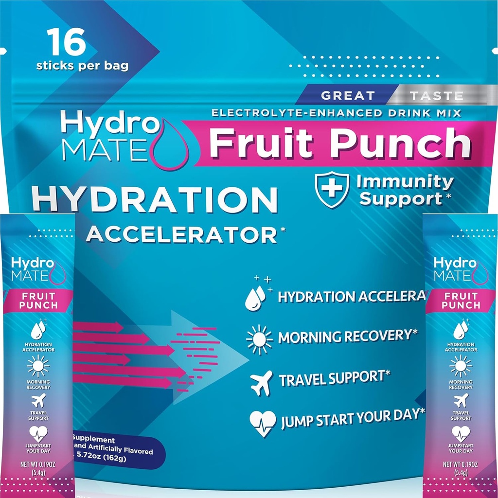 HydroMATE Electrolyte Powder Frukt Punch Hydration Packets Lav Sukker 16 greve