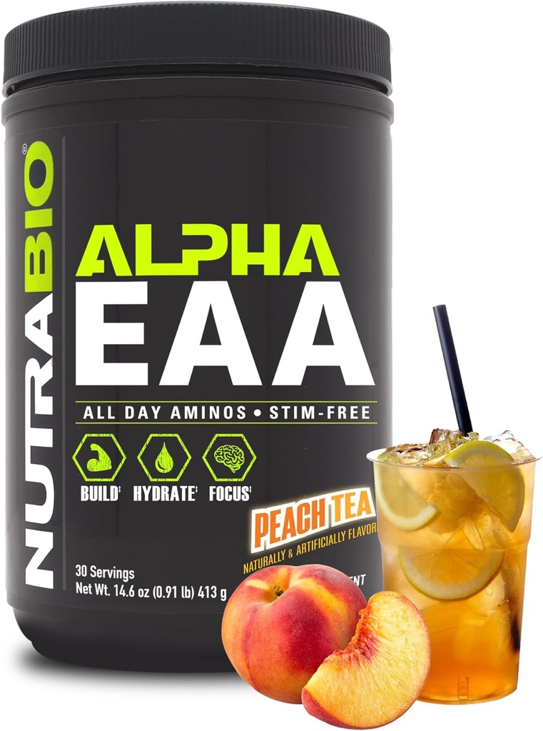 NutraBio Alpha EAA - All-Day Aminosyrer for muskelvekst og hydrasjon - essensielle aminosyrer med nootropics & Adaptogens- Full Spectrum EAA BCAA pulver - 30 Serveringer - Peach Tea