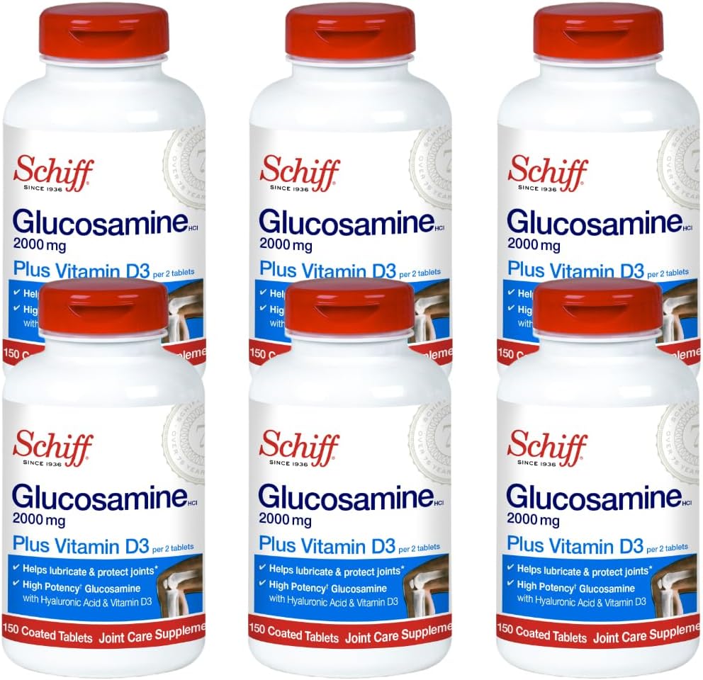 Schiff Glukosamin 2000mg med vitamin D3 og Hyaluronsyre, 150 tabletter - Joint Supplement (Pack of 6)