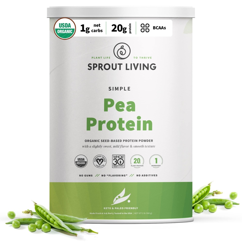 Sprout Living Organic Pea Protein Powder, Unflavored, 20 gram plantebasert organisk protein pulver uten kunstige søtningsmidler, ikke-GMO, Vegansk, Glutenfri (2 pund, 38 serveringer)