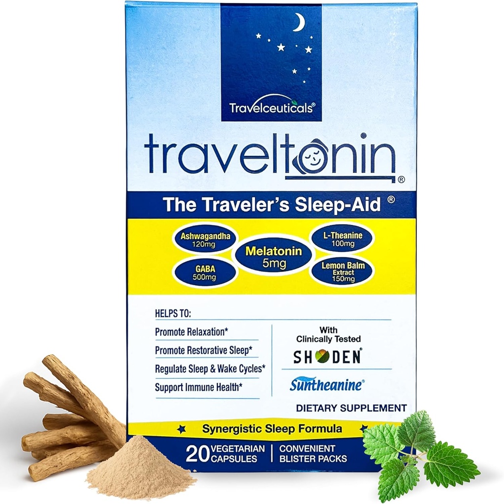 Reise Sleep Aid | Få Jet Lag Relief, Restorativ søvn, Immunstøtte | Fly, Hotel Essential | 5-i-1 Formula m/Melatonin, Ashwagandha, L-Theanine, GABA, Lemon Balm | 20 Kapsler | Blisterpakker