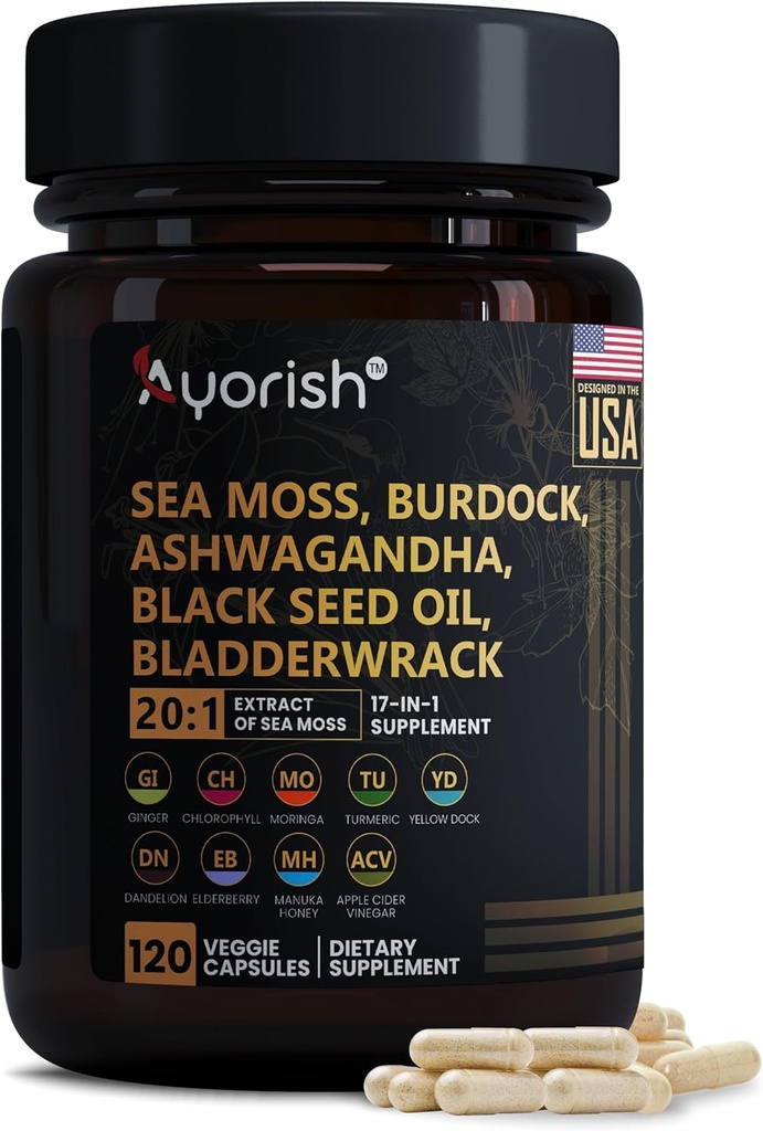 Sea Moss Capsule 30:1 Høy styrke 6000mg Ekvivalente Per serveringer, Svart Seed Oil Ashwagandha Ginger Capsules, Turmeric, Moringa, Bladderwrack, Burdock Root, Manuka Honning, Cinnamon 120 Count