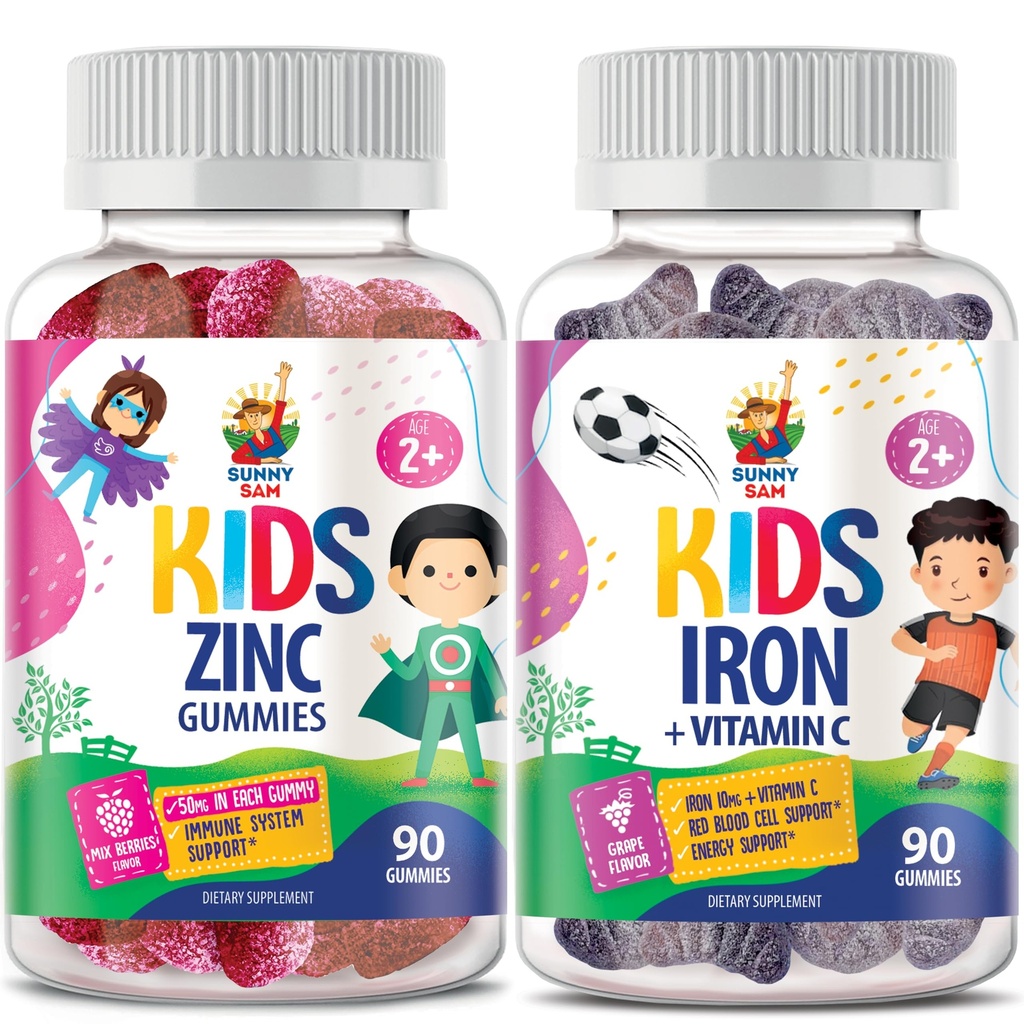 Iron Gummies for barn og sink gummies for barn. Jernvitaminer med vitamin C. Sink Chewable Gummy for immunstøtte - kraftig naturlig antioksidant ikke-GMO Supplement for barn Kvinne voksne