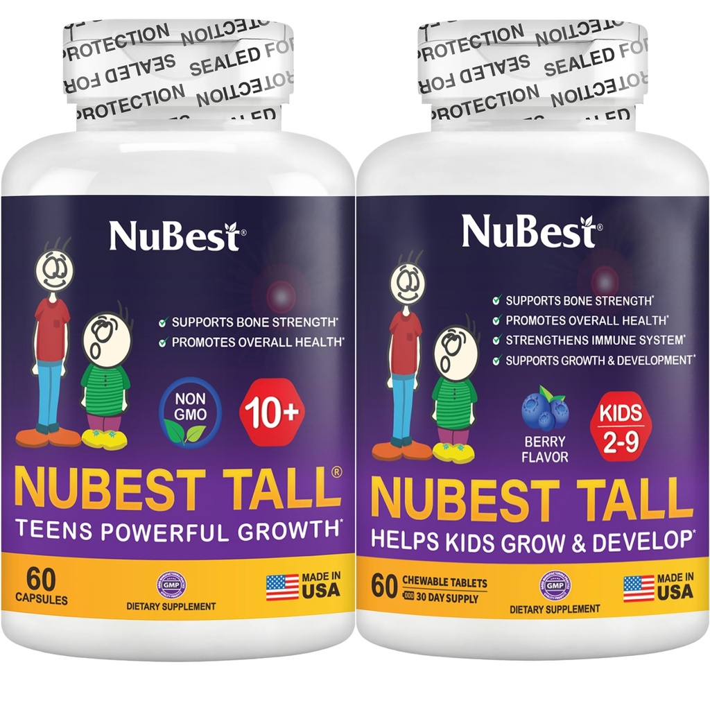 NuBest Bundle Tall 10 + 60 Kapsler Tall Kids 60 Chewable Tabletter | Høydevekst støtte for barn og tenåringer | Kalsium, vitaminer D3 K2, kollagen og urter