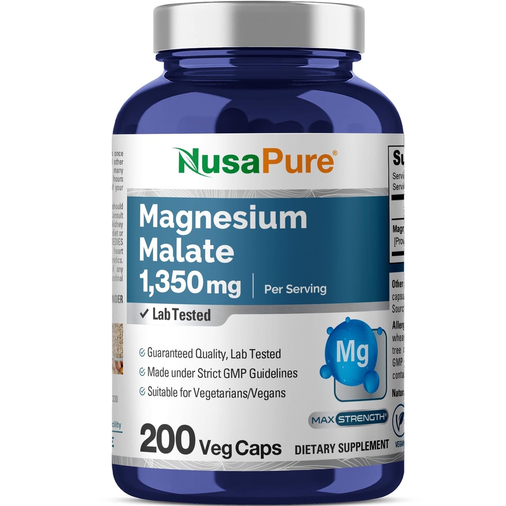 NusaPure Magnesium Malate 1350 mg 200 Veggie Capsules (Vegan, Non-GMO, Vegan)
