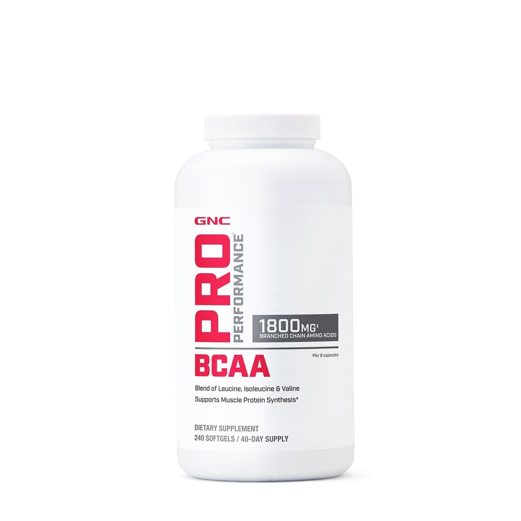 GNC Pro ytelse BCAA 1.8g, 3rd Party testet Supplement for menn og kvinner, grened kjede Aminosyrer, essensielle aminosyrer støtter muskelproteinsyntese, 240 Softgels, 40 SVG