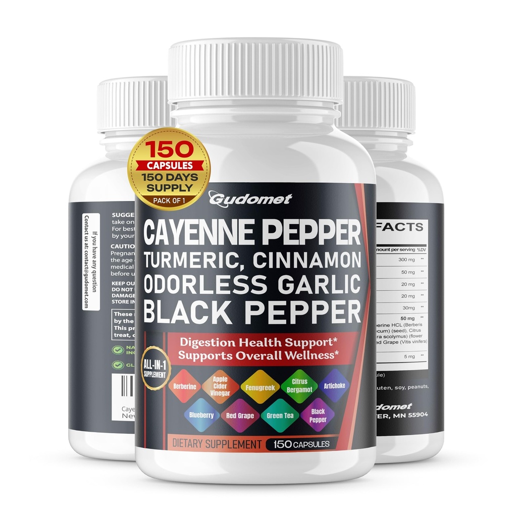 Cayenne Pepper Turmerisk Odorless hvitløk kanel Fenugreek Citrus Bergamot Artichoke Blåbær Grønn Te Svart Pepper - 150 Kapsler-laget i USA