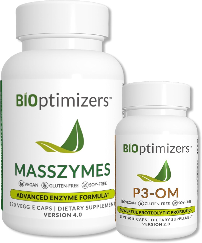 BiOptimizers - P3-OM og MassZymes Bundle - Premium Digestive Enzymer og Probiotika for kvinner og menn - Doctor-formulert (120 MassZymes Kapsler, 60 P3-OM Kapsler)
