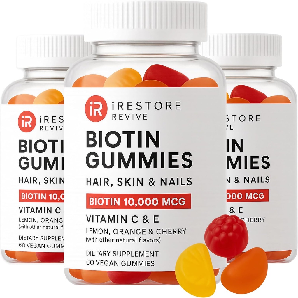 iRestore Hår Gummy Vitaminer, Vegansk Biotin Gummier for Hår Hud og Nagler, Hårvekst Gummier for kvinner og menn, Biotin 10.000mcg, 3PK