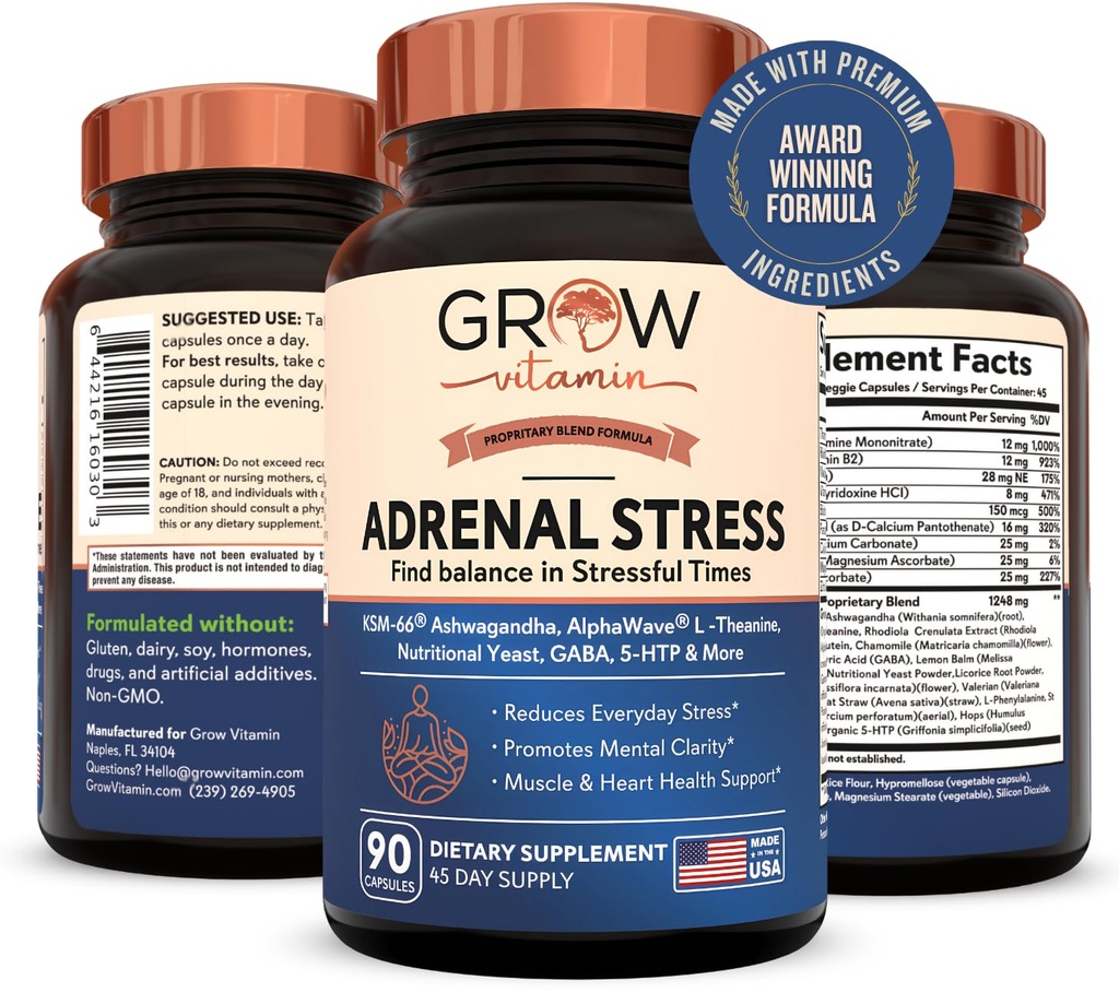 Vokse vitamin Adrenal Stress Advanced Formula, Organisk KSM-66 Ashwagandha med AlphaWave L-Theanine, 5-HTP, Magnesium blanding - Hver dag Stress Relief, Mood Support, Kognitiv, Hjernehelse, 90 Kapsler