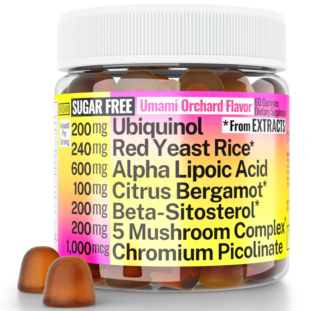 Rød Yeast Rice Alpha Lipoic Acid Ubiquinol CoQ10 Citrus Bergamot Beta-Sitosterol Krom Picolinat Sukker-Less Gummies w Lions Mane Tyrkia Tail Reishi Cordyceps Chaga, piller Kapsler Supplement Alt