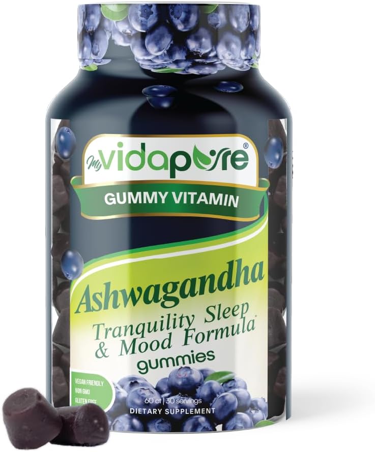 Ashwagandha Gummies, høy styrke Ashwagandha Root ekstrakt med magnesiumglycinat, Melatonin, B6, Valerian Root, GABA, Passion blomst for menn og kvinner. 60 Count 30 porsjoner av myVidaPure