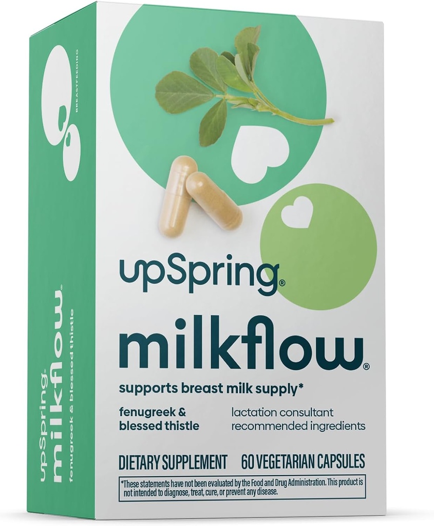 UpSpring Milkflow Lactation Supplement for melkeforsyning Økning, amming kosttilskudd med Fenugreek & Velsignet Thistle, ikke-GMO, Lactation Support 60 Vegan Kapsler