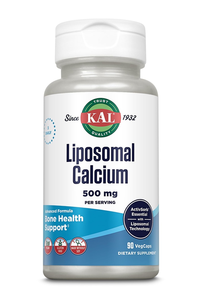 KAL Liposomal Kalsium 500 mg, høy absorpsjon Kalsium Supplement, essensiell kalsium støtte, vegansk, glutenfri, ingen soya, 30 serveringer, 90 Vegkaps