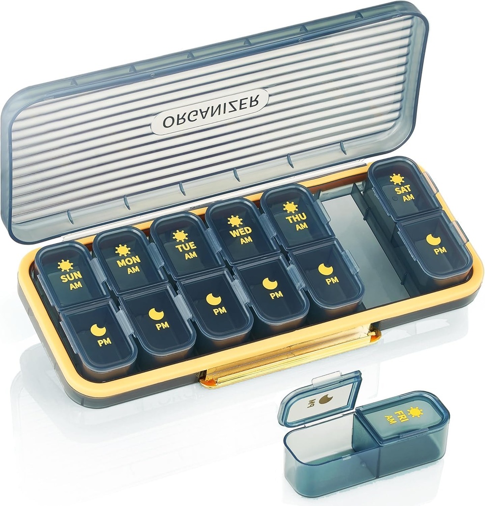 Ukelig Pill Organizer 2 ganger om dagen - Pill tilfelle Am Pm - reisepille 7 dager Bærbar daglig vitamin kontainer aestetisk medisin dispenser med 7 separate sammenligninger Morgen natt Supplement Holder