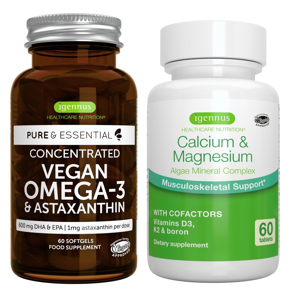 Vegan Omega-3 + Kalsium og magnesiumkompleks Vegan Bundle, bærekraftig EPA & DHA Algae olje 1340mg + 2:1 Plante Basert Algae Mineral Complex, av Igennus