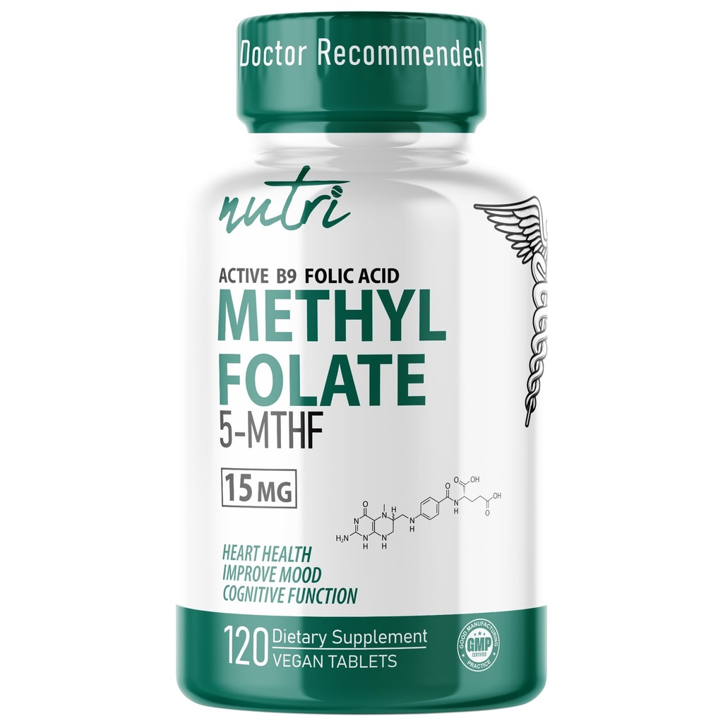 Nutri 5-MTHF L Metylfolat 15MG - 4 måneders forsyning, 120 Vegantabletter - Metylert Folat Supplement - Kognitiv funksjon, hjertehelse, prenatal støtte - 3rd Party Testet - NSF sertifisert Facility