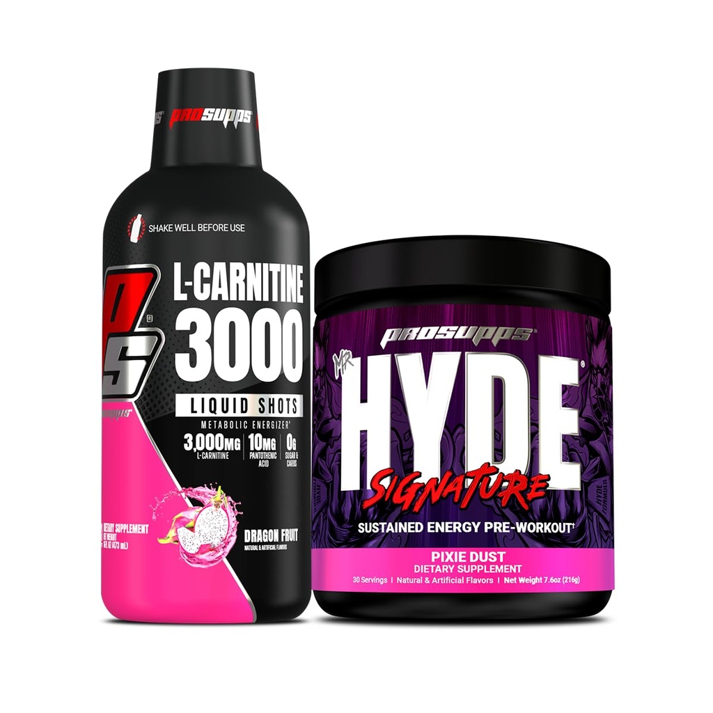 PROSUPPS L-karnitin 3000 stimulerende gratis flytende skudd (31 serveringer, Dragon frukt) og Mr. Hyde Signature Series Pre-Workout Energi pulverisert drikke (30 serveringer, Pixie Støv) Bundle