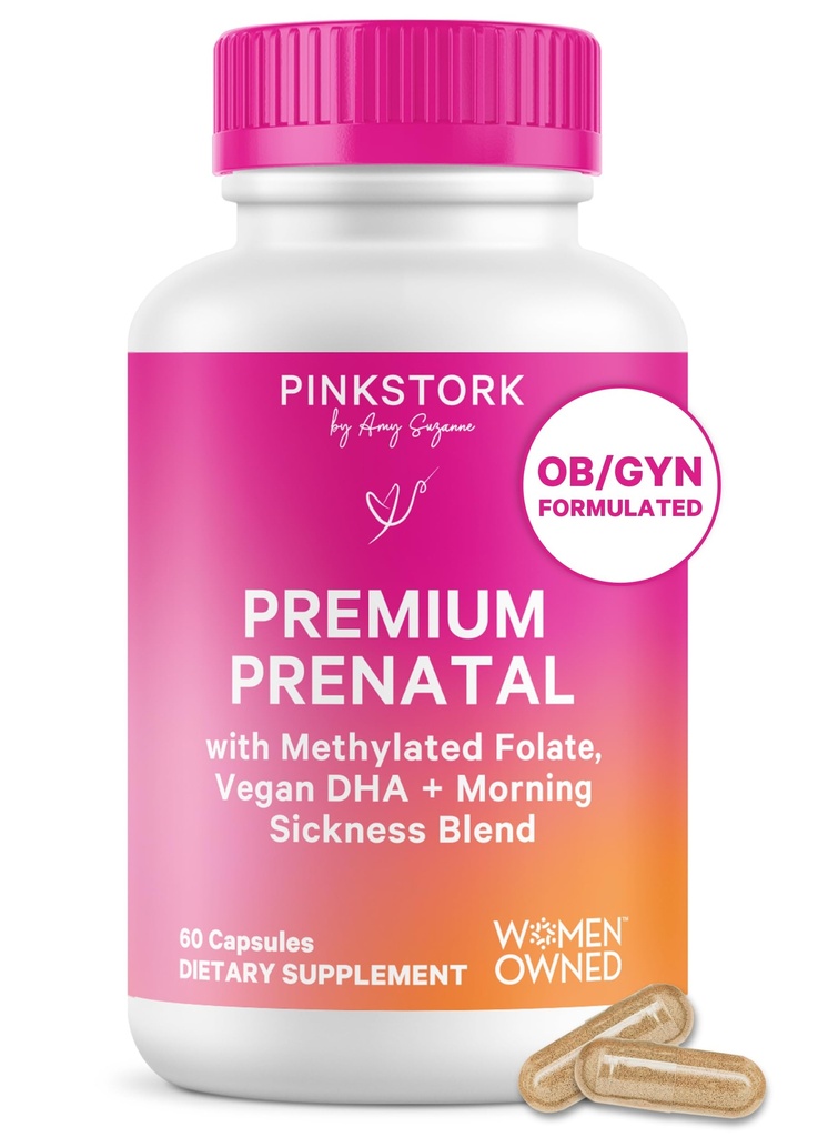 Pink Stork Premium Prenatal Vitamin for kvinner - Økologiske Hel-Food Ingredienser, Multivitamin & Probiotika - Morgensykhet, Digestion, & Energi - Folat, B6, & Jern - 60 Kapsler