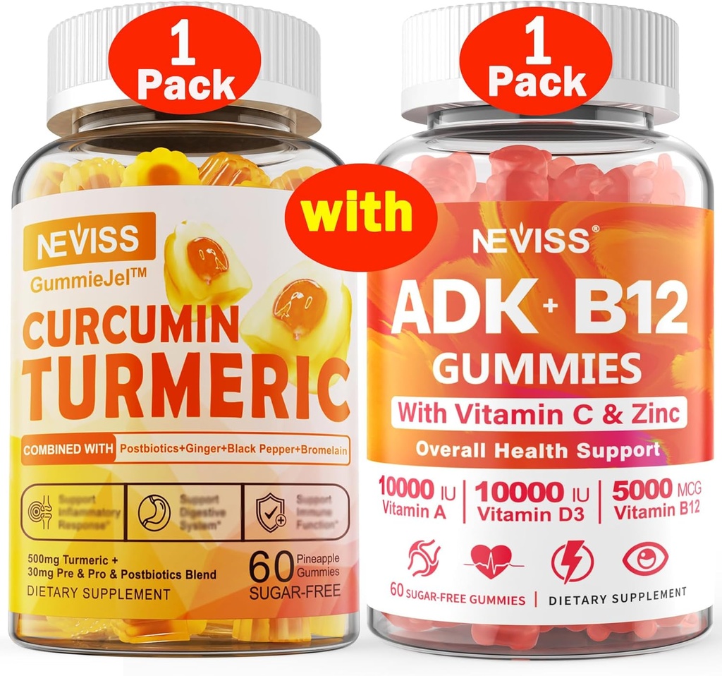 1Pack Turmeric Curcumin fylte gummer + 1Pack vitamin ADK med B12 Gummies