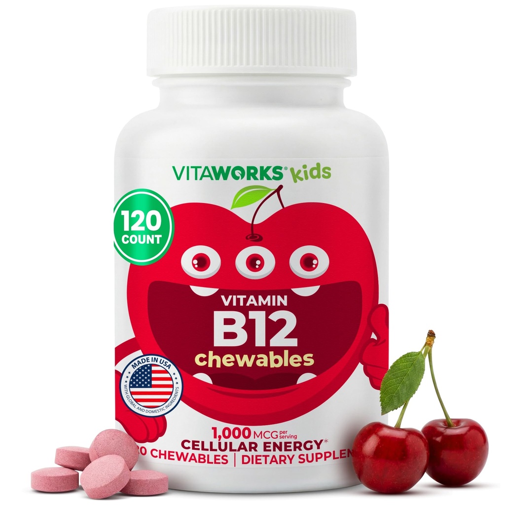 Kids vitamin B12 1000 mikrog Chewable Tabletter - Tasty Natural Cherry Flavor - Vegan, GMO-fri, Glutenfri, Nut Gratis - Kosttilskudd - Cellular Energy Vitaminer for barn - 120 Chewables