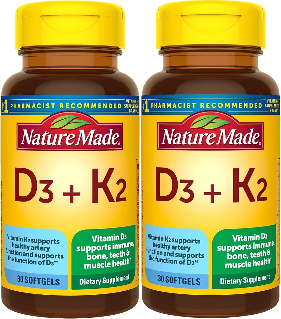 Natur laget vitamin D3 K2, 5000 IU (125 mg) vitamin D, kosttilskudd for bein, tenner, muskel og immun helse støtte, 30 Softgels, 30 dagers forsyning - pakke 2