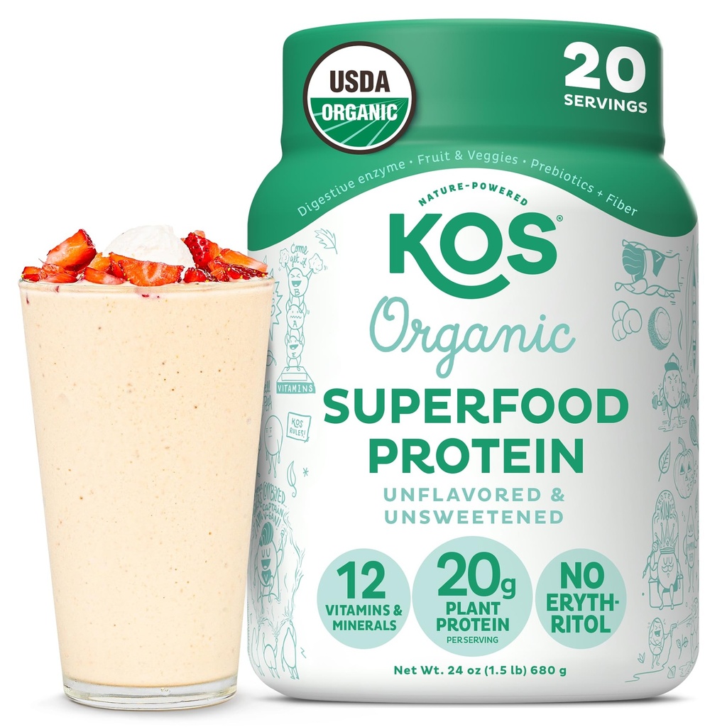 KOS Vegansk Protein Powder, Unflavored & Unsweeted - Lavkarbohydratblanding, organisk supermat rik på vitaminer og mineraler - Keto, Soya, Dairy Free - Måltid erstatning for kvinner og menn - 20 Serveringer
