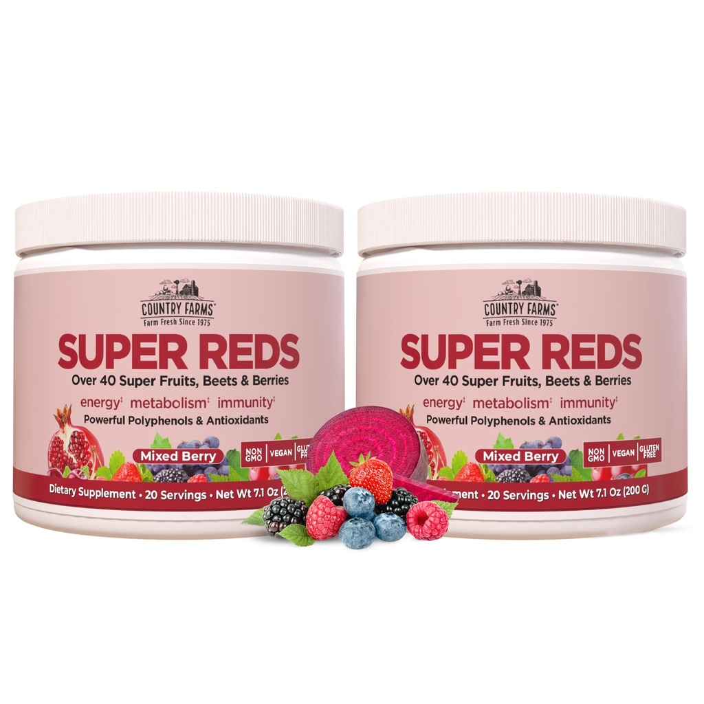 COUNTRY FARMS Super Reds, Energicing Polyphenol Superfood, Over 40 Super Fruits og bær, Kraftige antioksidanter og polyfenoler, støtter energi, støtter sirkulasjon, 40 serveringer, blandede berry