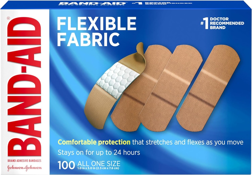 Band-Aid Brand Fleksibel Fabric Sterile Klesbånd, Komfortabel Cushioned sårpleie og beskyttelse for mindre kutt, Scrapes & Burns, Førstehjelp, Hurt-fri Comfort Pad, En størrelse 1x3 I, 100 greve