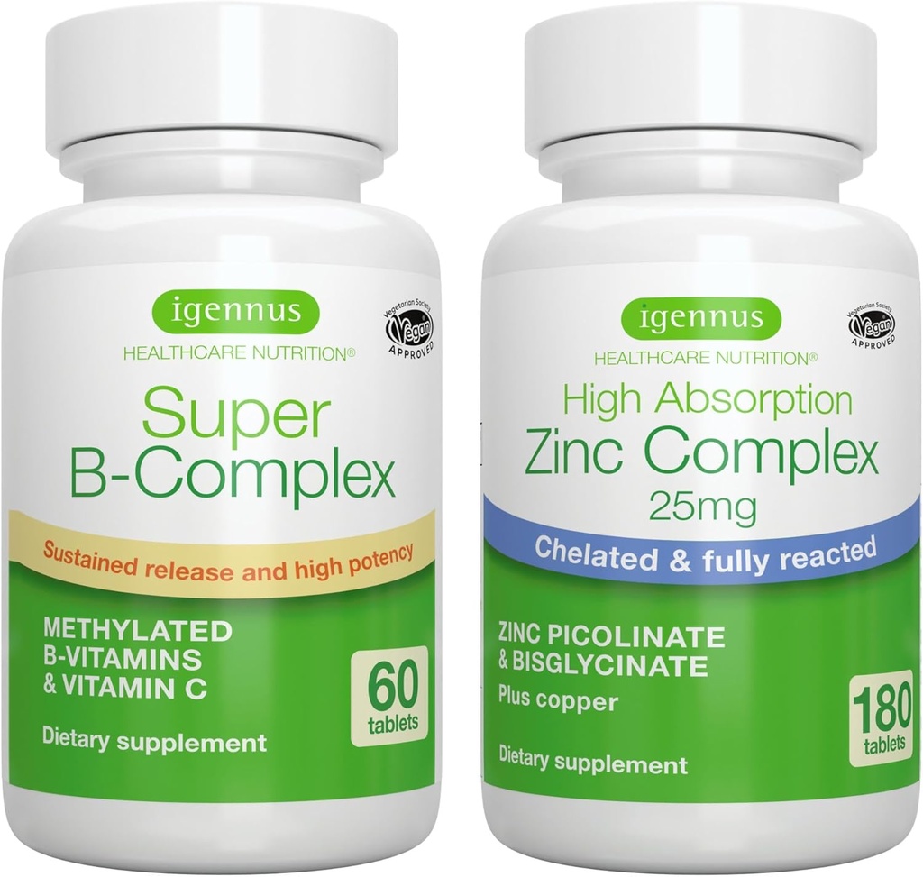 Super B-Complex + sinkkompleks Vegan Bundle, metylert frigjøring B kompleks + 25 mg chelatert sink Picolinat & Bisglicinat med kobber, ved Igenus
