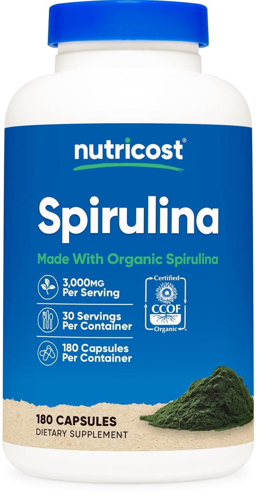 Nutricost Spirulina 3.000mg, 180 Kapsler for 30 Serveringer - CCOF sertifisert med organisk Spirulina, Glutenfri, Vegetarisk