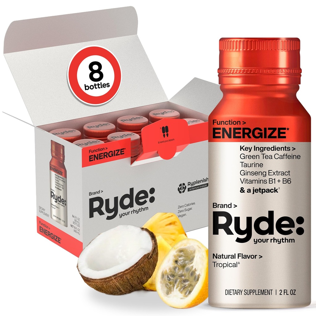 Ryde: Energize Shot | Tropisk Flavor | Grønn Te Koffein, Taurin, Ginseng Extract & B vitaminer | 0 kalorier, 0 sukker | 2 FL OZ Shots | Boosts energi * (8 pakke)