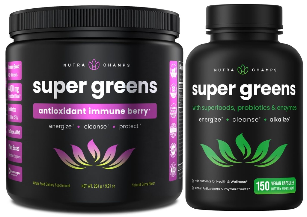 NutraChamps Super Greens Antioksidant pulver & Super Greens kapsler