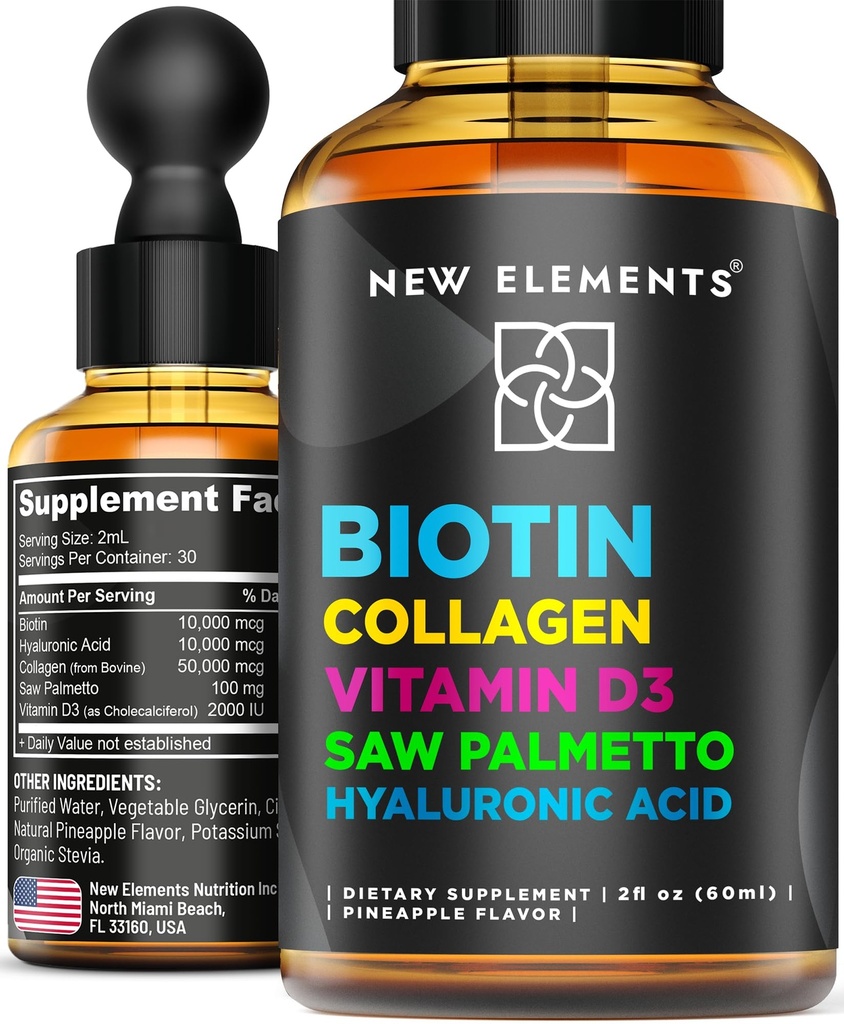 Flytende Biotin for hårvekst kvinner og menn 10000mcg | Biotin og kollagen kosttilskudd med såld Palmetto & hyaluronsyre | Biotin faller for hårvekst med vitamin D3 for hårhud og negler