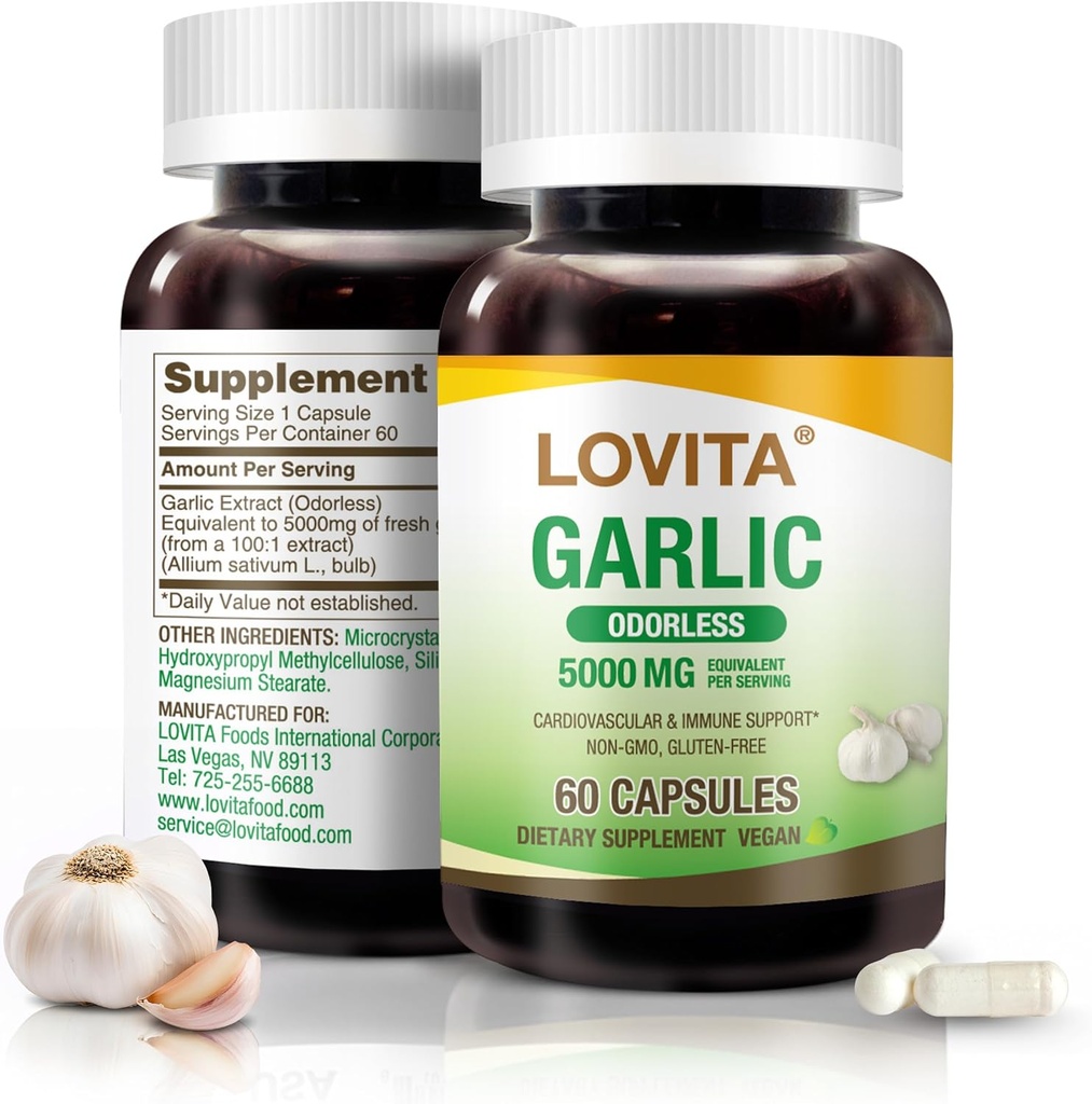 Lovita Odorless hvitløkskapsler, 5000 mg frisk hvitløk ekvivalent, 1,25% allicin ekstrakt, støtter hjerte, blodtrykk, kolesterol og immunsystem, ikke-GMO, Glutenfri, 60 Vegankapsler