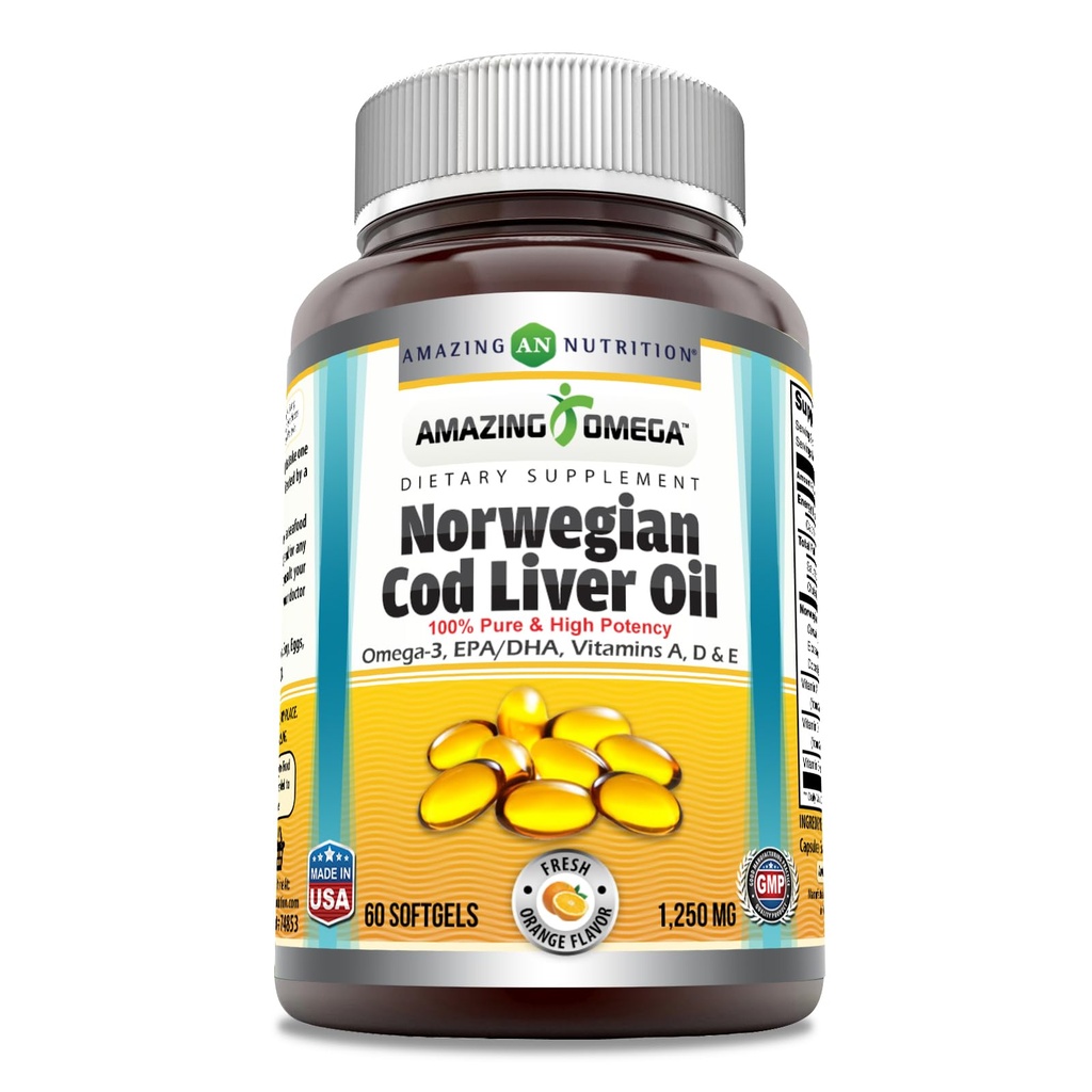 Amazing Omega Norsk Cod Liver Oil 1250 Mg Softgels Supplement omega-3, EPA, DHA, Vitamin A, Vitamin D & Vitamin E (Orange | 60 Count)