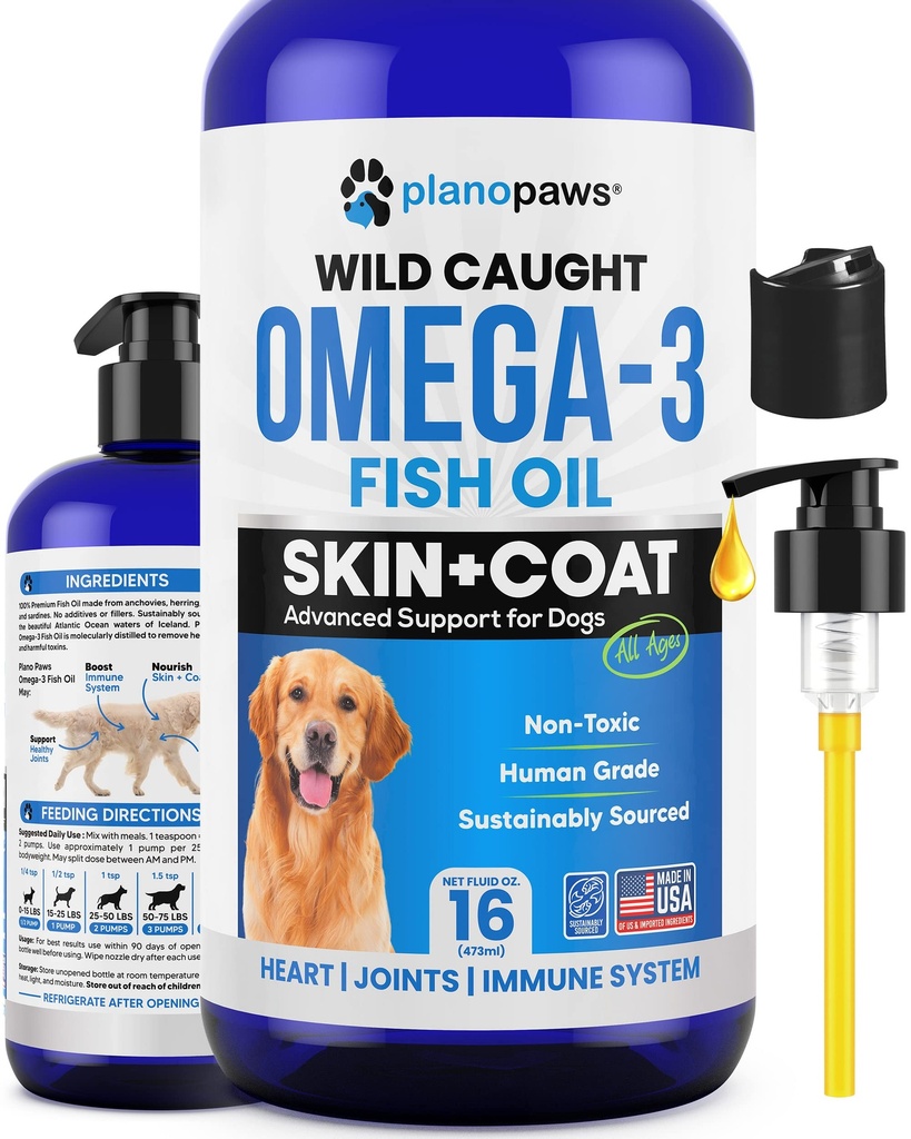 Omega 3 Fiskeolje for hunder - bedre enn lakseolje for hunder - Hunde Fish Oil Supplement - Redusere shedding og kløe - støtter ledd, hjerne, hjerte helse-hund hud og Coat Supplement - Fish Oil Liquid