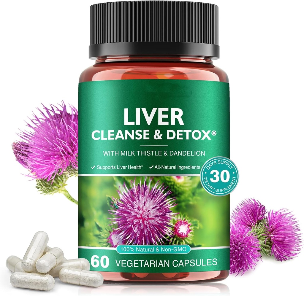 Liver Cleanse & Detox piller til lever helse reparasjon - med melk tistel ekstrakt, Dandelion rot, Ginger, Beetroot pulver & vitaminer - naturlig lever støtte, 60 vegansk kapsler