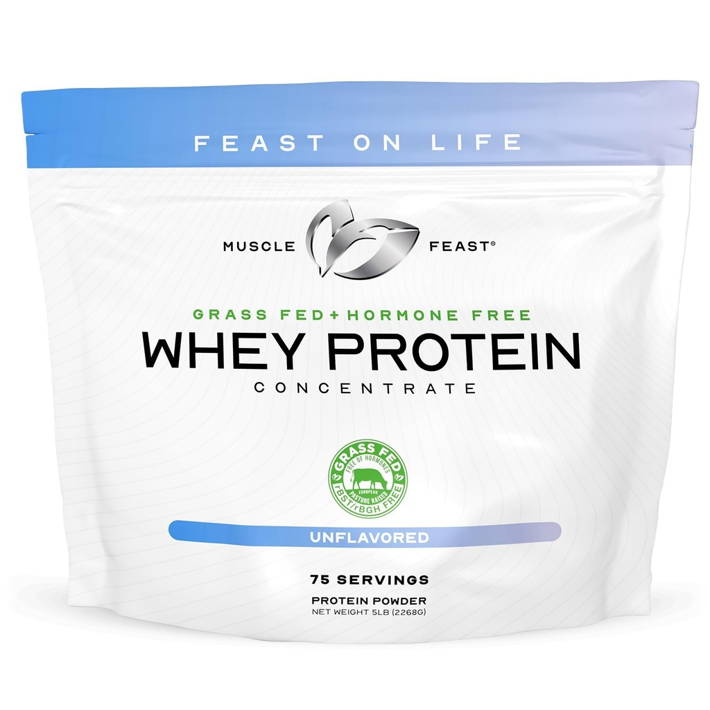 Muskelfest Grass-Fed Whey Protein Konsentrat pulver, Alt naturlig, Hormone gratis pastur hevet Whey Protein pulver for kvinner og menn, ren, ikke-GMO & Glutenfri Whey Konsentrat - Uslavored, 5lb