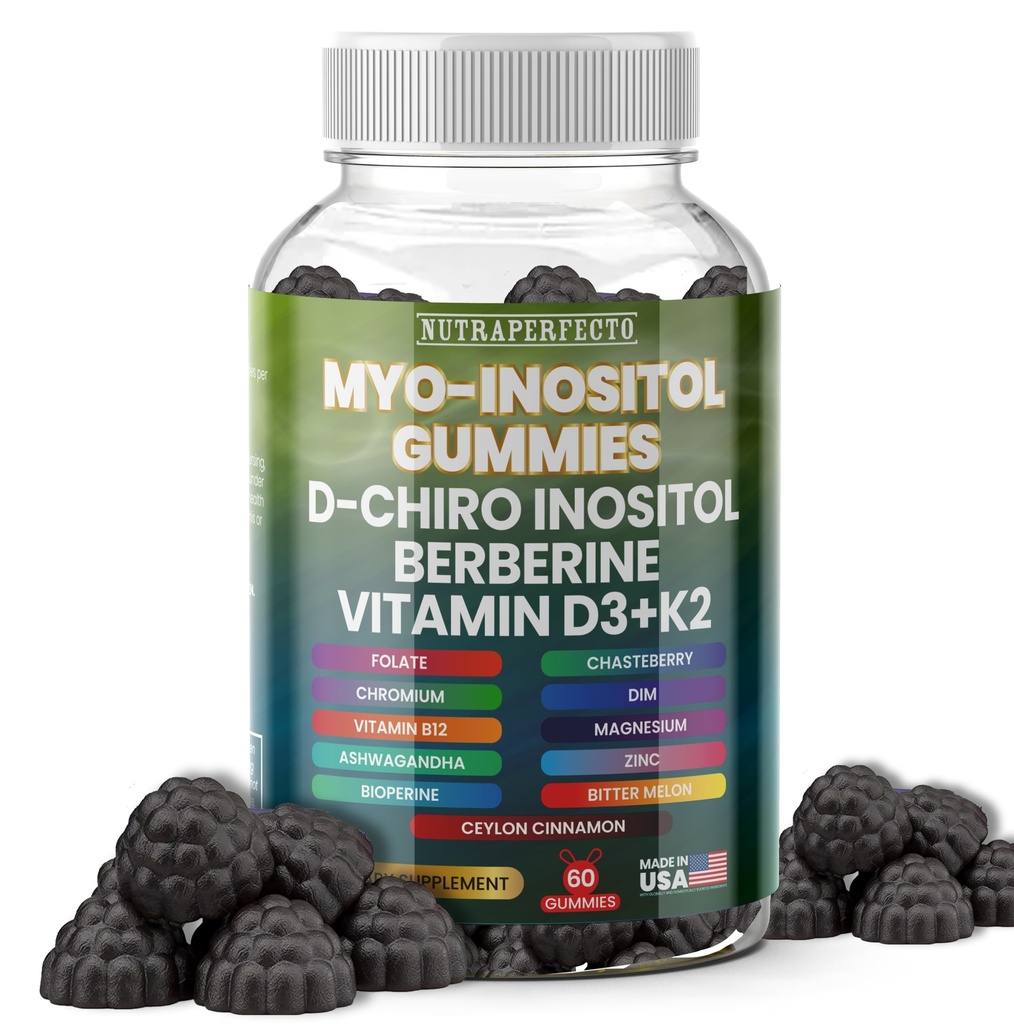 Sukkerfri Myo-Inositol & D-Chiro Inositol Gummies for kvinner, Berberin Vitamin D3 K2 DIM Magnesium Glycinat Oxid L-Metylfolat Supplement for kvinner, fruktbarhet, hormonbalanse, PMS, Ovarian helse