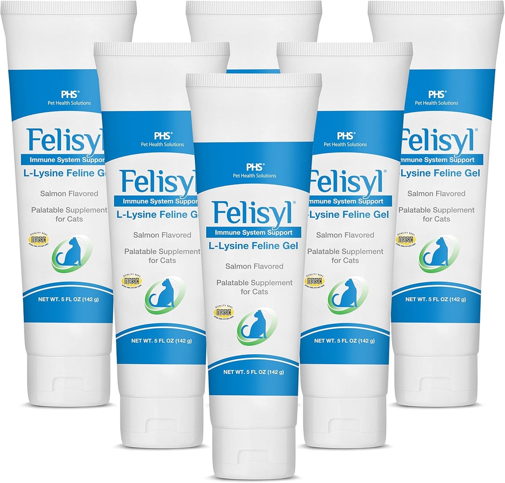 L-Lysine Gel for katter (5oz) - støtter immune, pustende og øyehelse. Eases Sneezing, Runny Nese, og vannige øyne. Tastig lakseflavor - laget i USA (6 Pack)